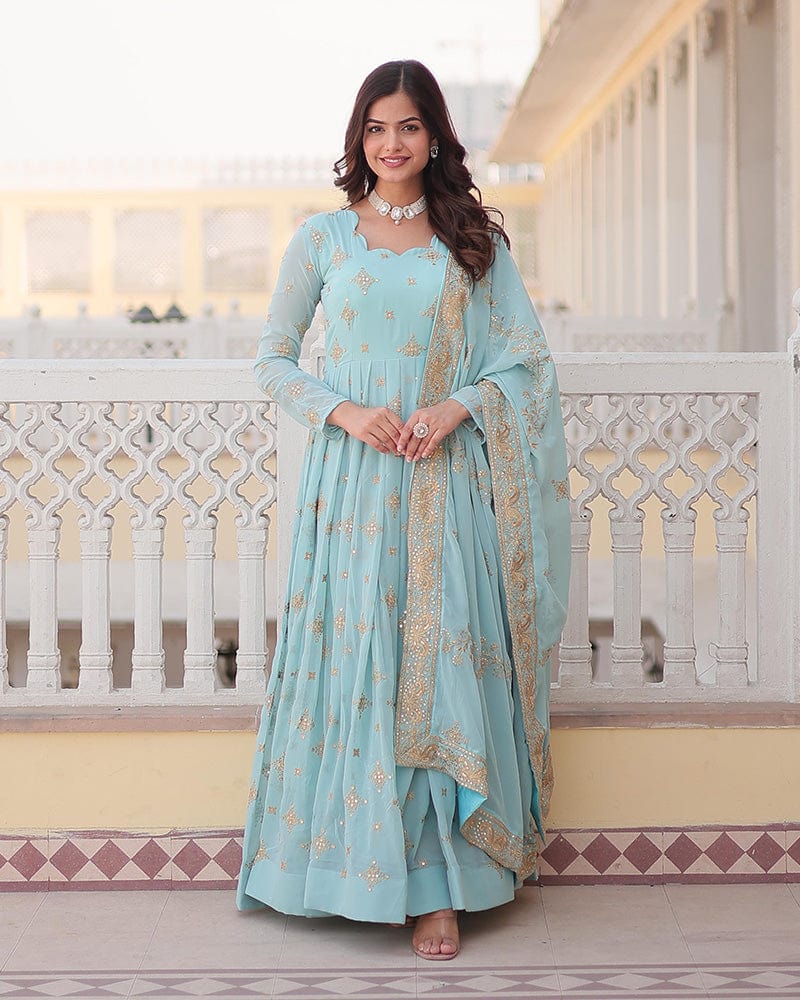 Sky Blue Color Faux Georgette Gown With Sequins Embroidered Dupatta