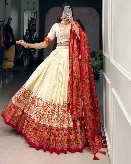 Off White Color Tussar Silk Printed With Foil Work Lehenga Choli