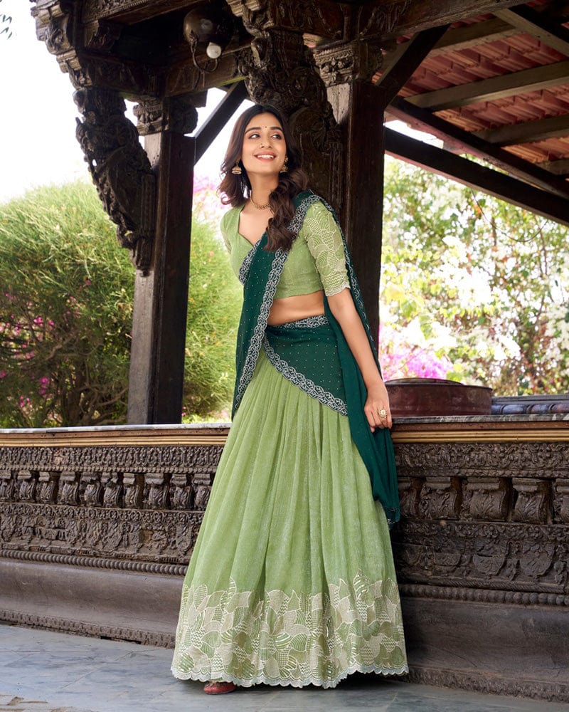 Pista Color Silver Glossy Embroidered Lehenga Choli