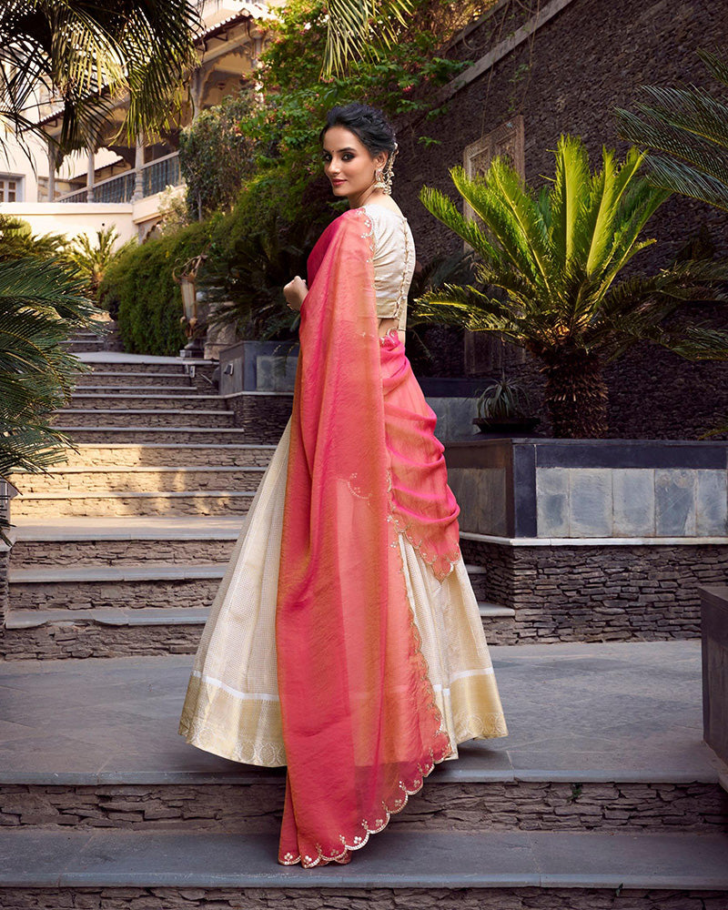 Off-White Color Jacquard Chex Lehenga Choli