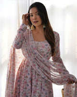 Baby Pink Color Heavy Chiffon Floral Print With Full Flair Three Piece Anarkali Suit