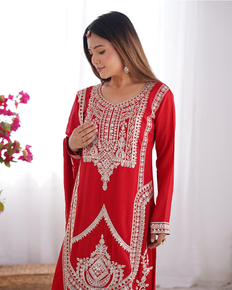 Red Color Vichitra Silk Three Piece Kurti Suit
