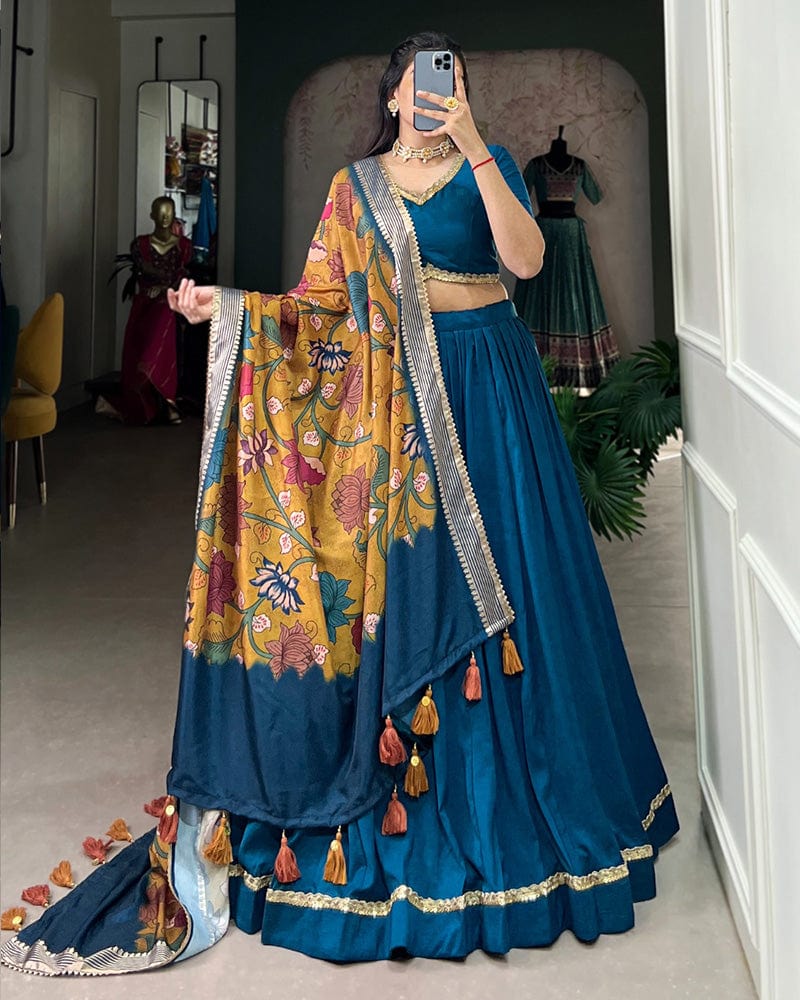 Firozi Color Pure Chinon Silk Plain Lehenga Choli