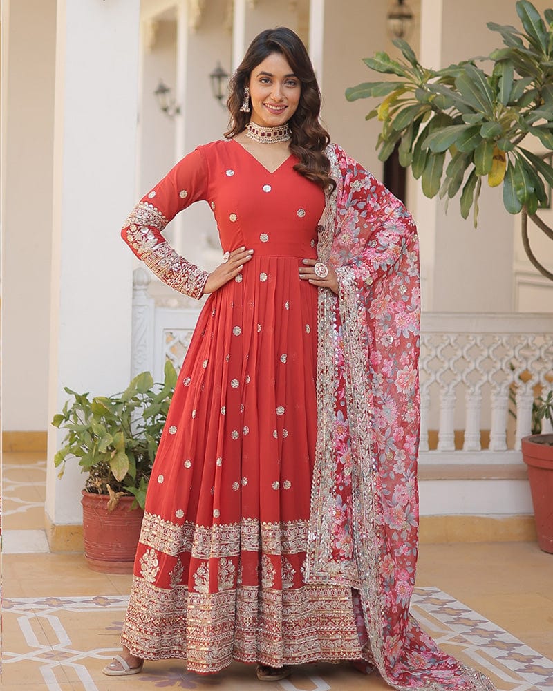 Red Color Faux Georgette Designer Gown With Dupatta