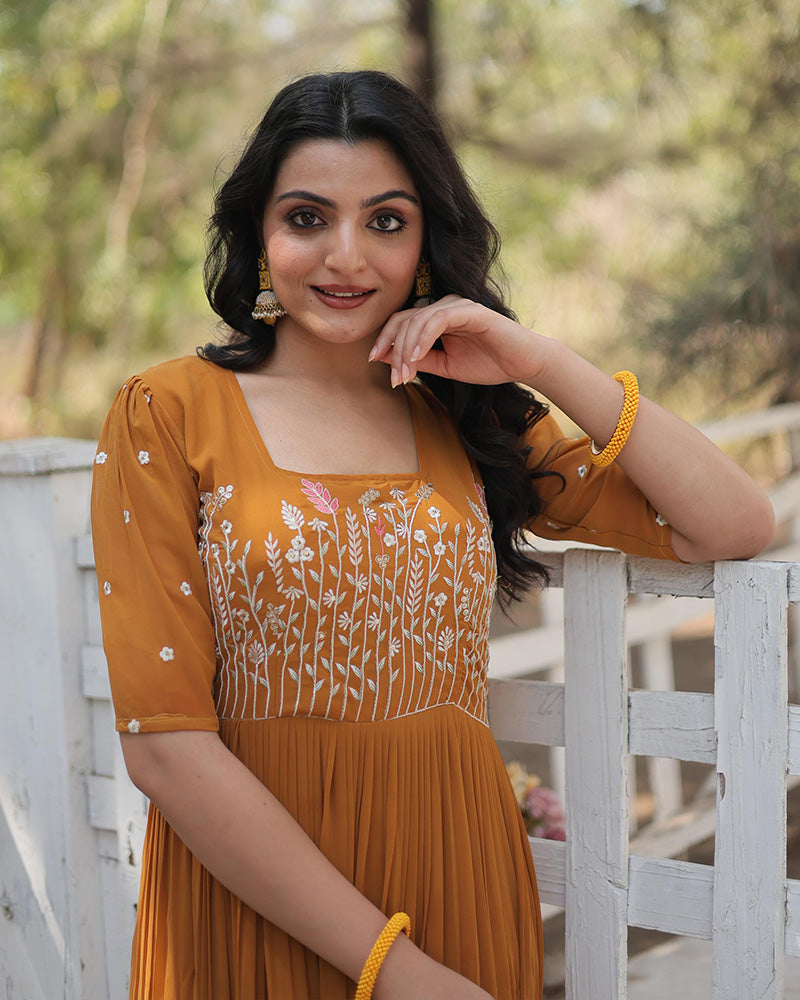 Mustard Yellow Color Faux Georgette Embroidered Anarkali Gown