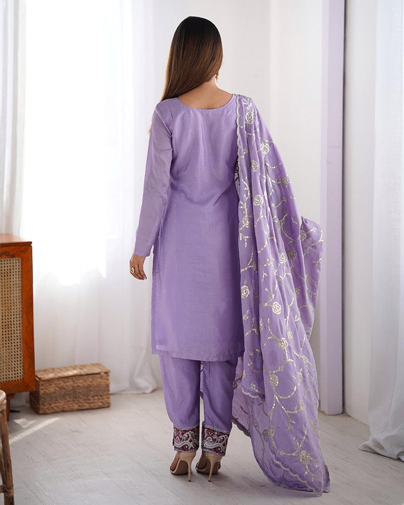 Light Purple Color Chinon Silk Three Piece Kurti Suit