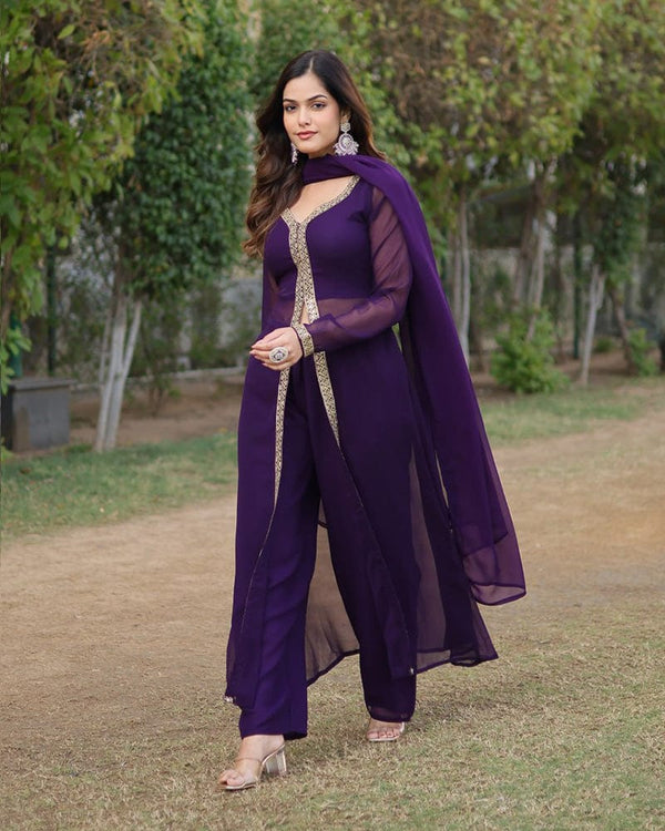 Western Designer Wine Color Georgette Three Piece Kurti Suit
