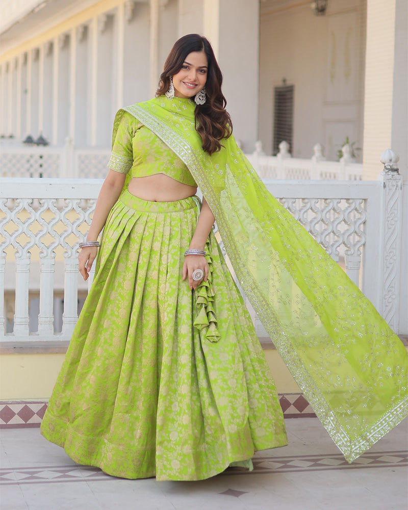 Green Color Pure Viscose Jacquard Lehenga Choli