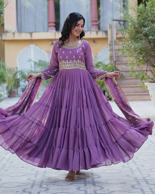 Dusty Mauve Color Star Georgette Gown With Embroidered Dupatta