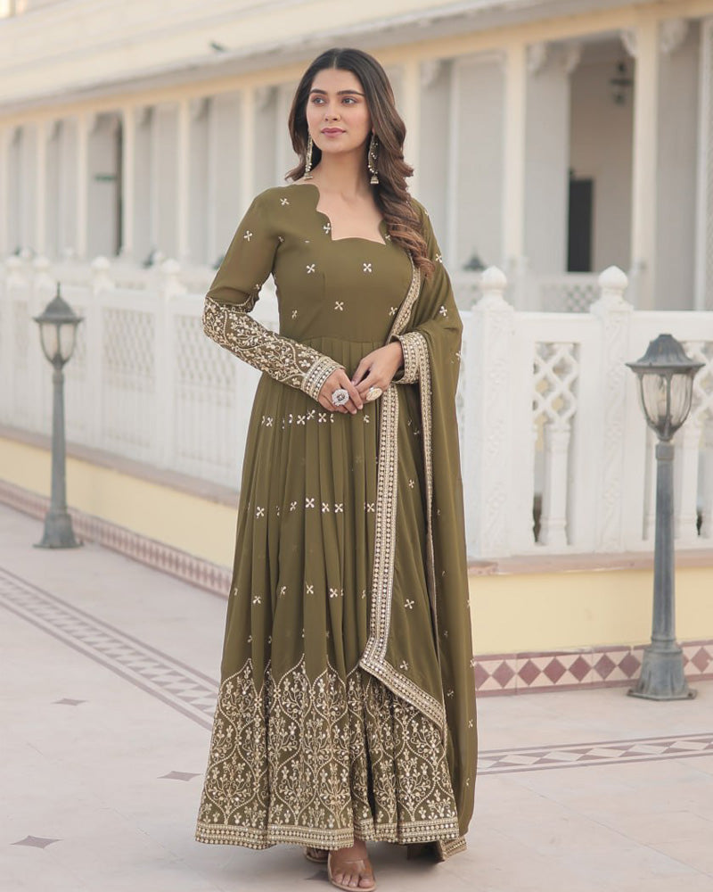 Faux Georgette Mehendi Color Anarkali Gown With Sequence Embroidery Dupatta