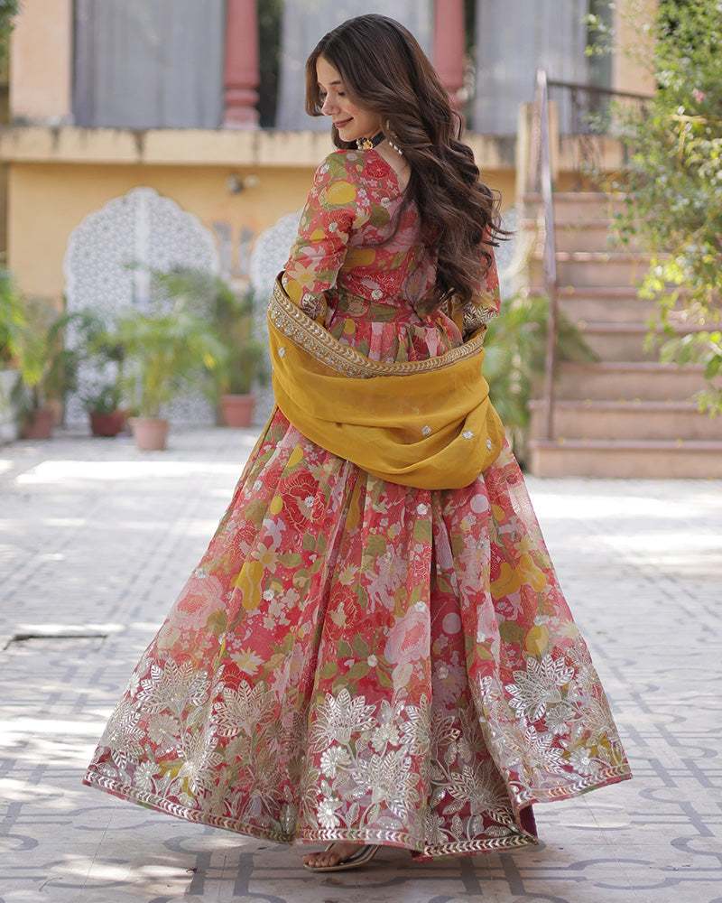 Pinkish Red Color Alia Cut Embroidered Gown With Dupatta