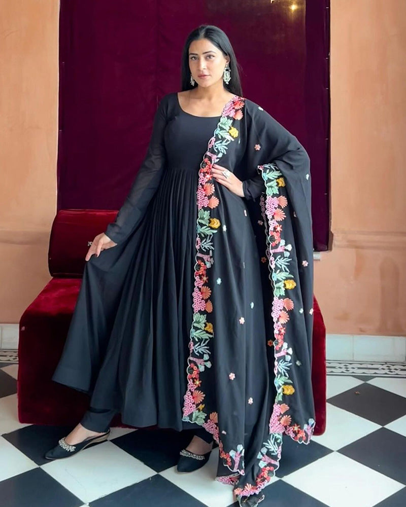 Isha Sharma in Georgette Black Colour Backless Anarkali Three Piece Suit