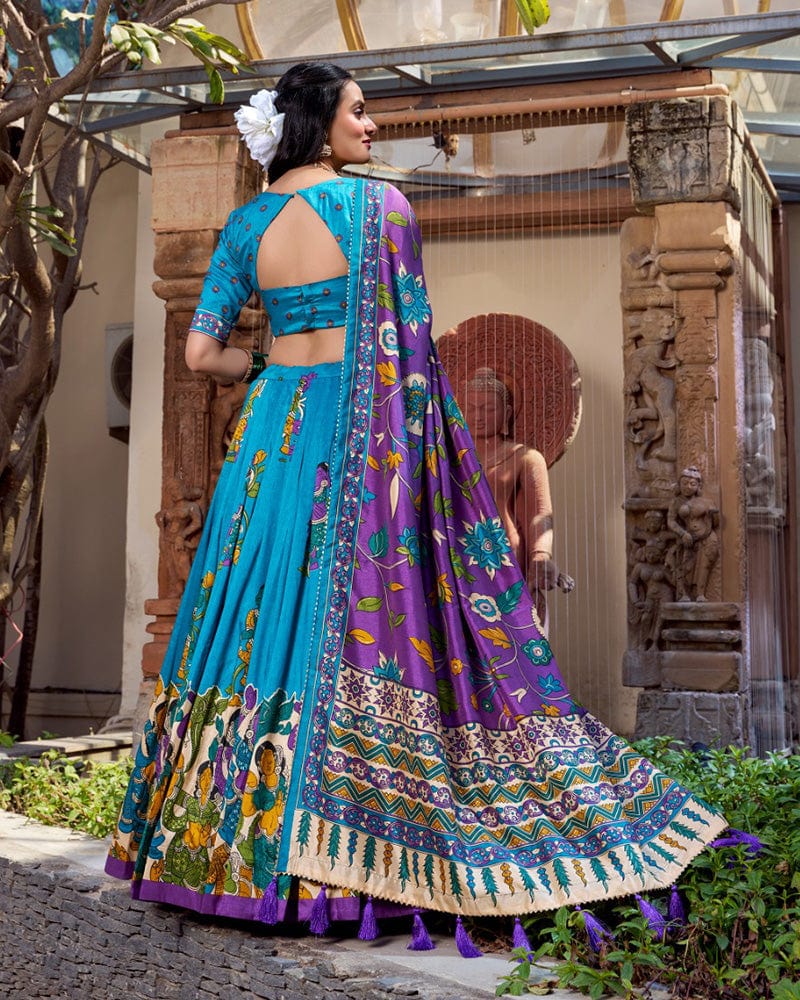 Firozi Color Tussar Silk Kalamkari Printed Lehenga Choli