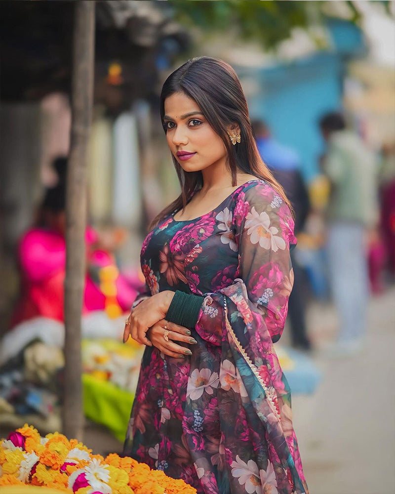 Rugee In Our Floral Print Organza Black Color Three Piece Anarkali Suit