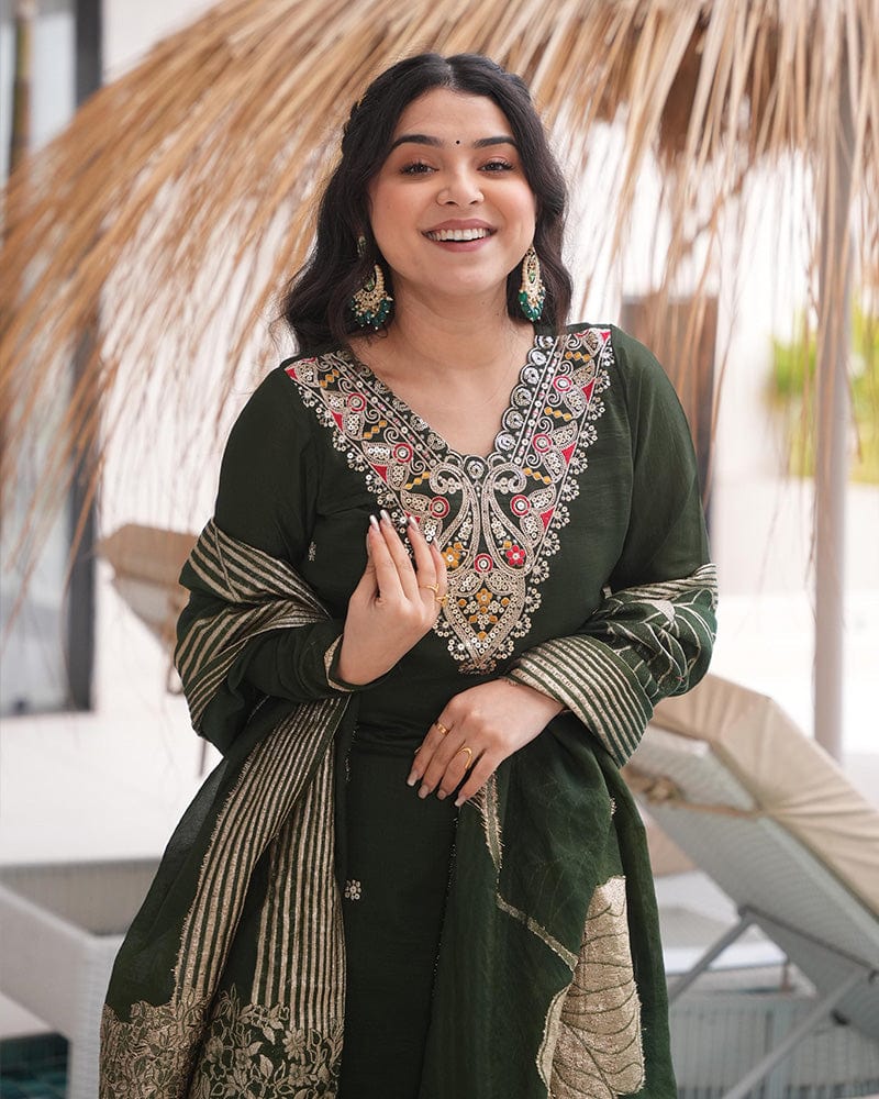 Green Color Roman Silk Embroidered Three Piece Kurti Suit