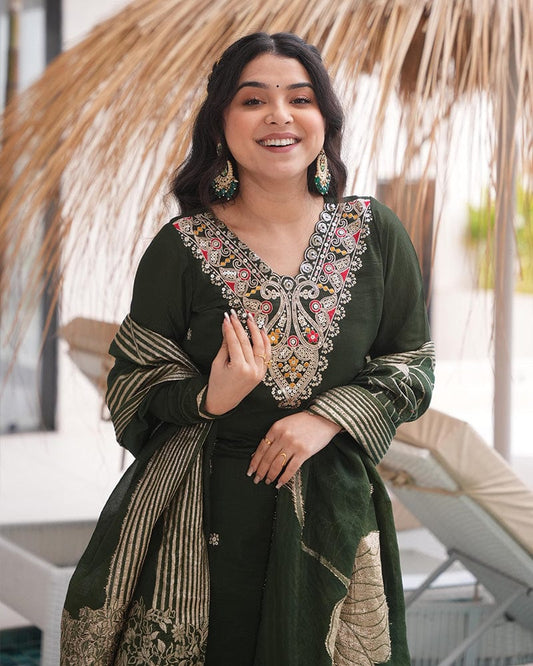 Green Color Roman Silk Embroidered Three Piece Kurti Suit