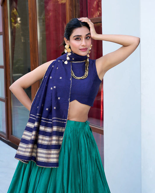 Firozi Color Pure Chanderi Plain Lehenga Choli
