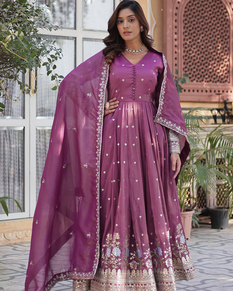 Onion Color Embroidered Viscose Cosmos Gown With Dupatta