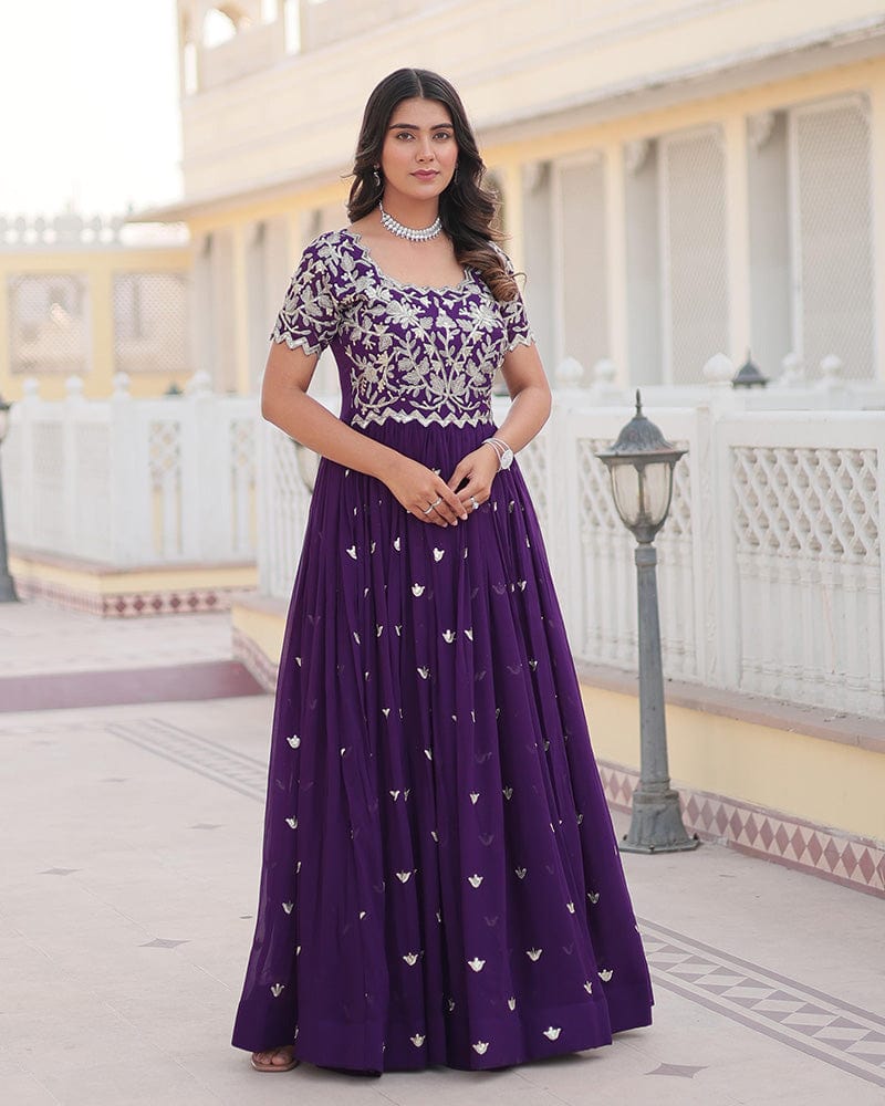 Purple Color Faux Blooming Sequins Embroidered Anarkali Gown