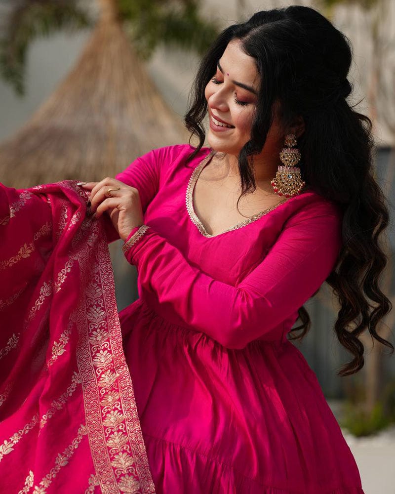Rani Pink Color Pure Chanderi Silk Frill Style Anarkali Suit