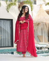 Rani Pink Color Rayon Bandhej Print Three Piece Anarkali Suit