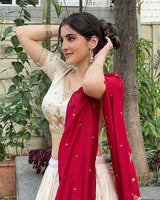Navika kotia In Off-White Color Vichitra Silk Thread Embroidered Lehenga Choli