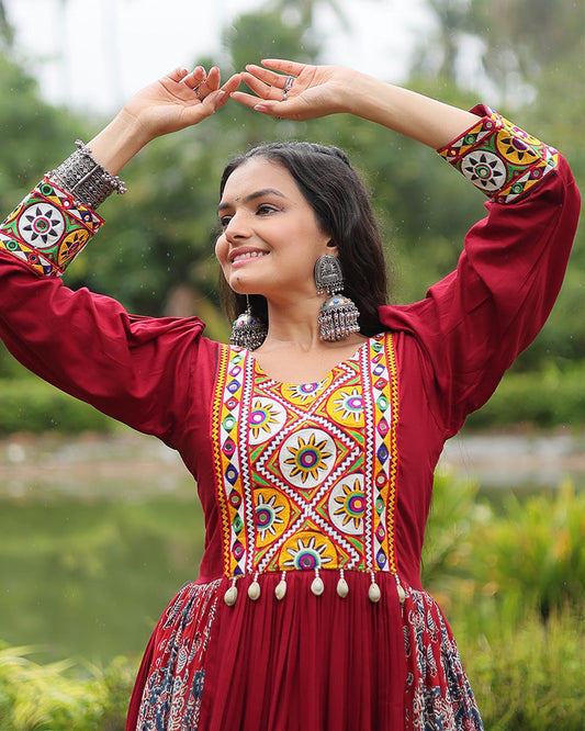 Maroon Color Rayon Gamthi Work Navratri Gown