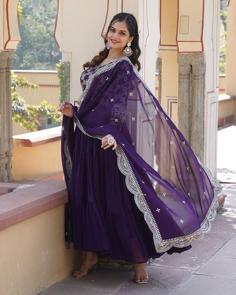 Purple Color Anarkali Gown With Faux Blooming Dupatta