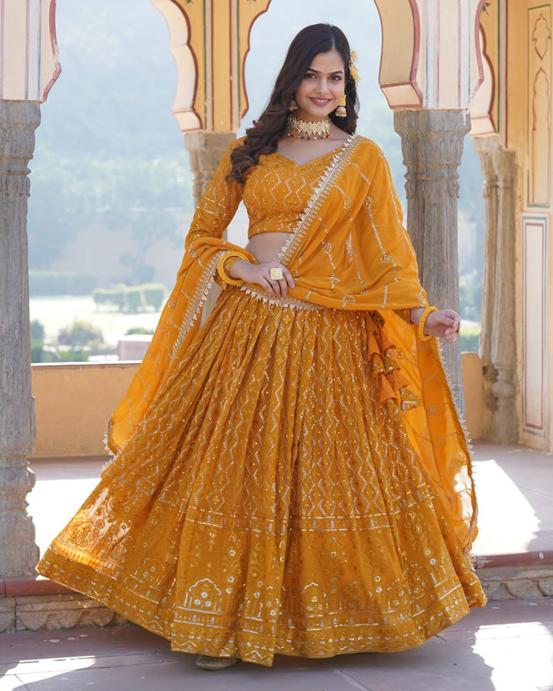 Yellow Color Georgette Heavy Embroidery Threaded Semi Stitched Lehenga Choli