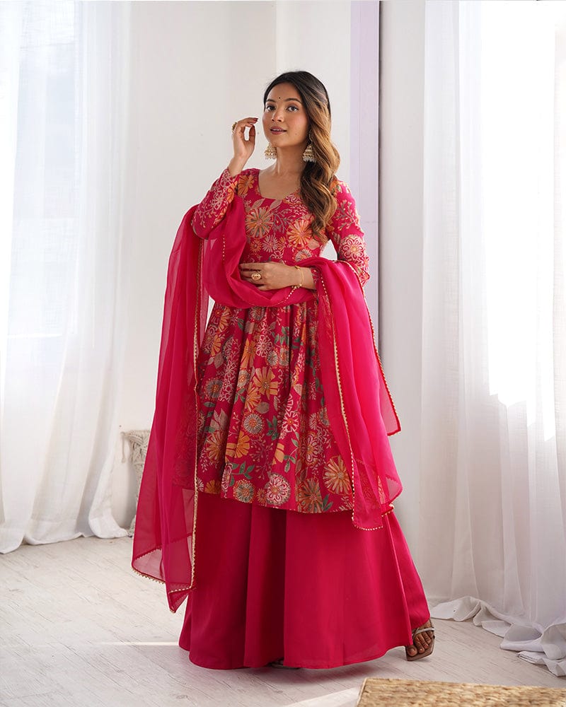 Rani Pink Color Roman Silk Discharge Printed Plazzo Suit
