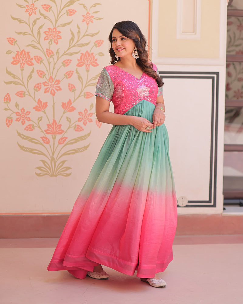 Pink Color Gold Crush Embroidered work Gown