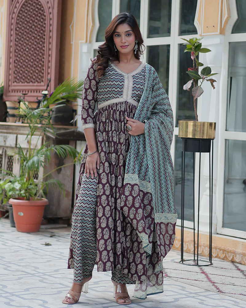 Coffee Brown Color Printed Pure Cotton Three Piece Kurti Suit