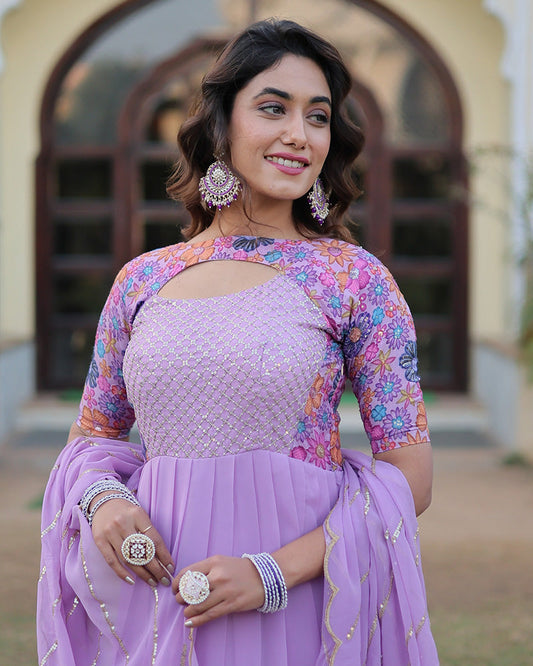 Lavender Color With Fancy Neck Faux Georgette Designer Anarkali Suit