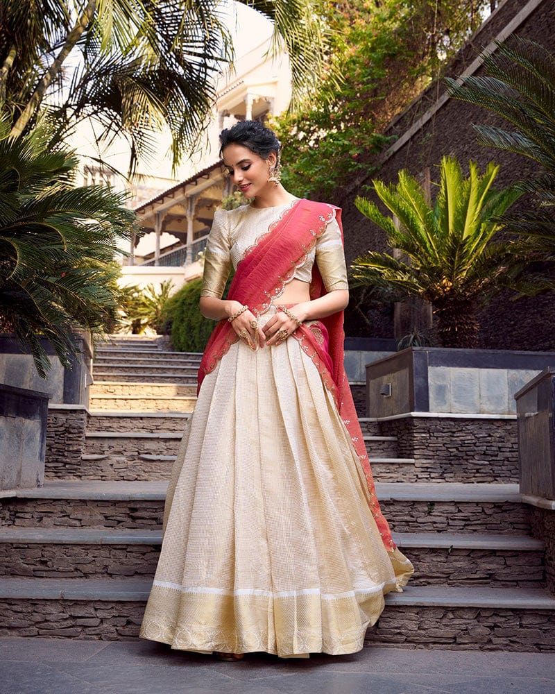 Off-White Color Jacquard Chex Lehenga Choli