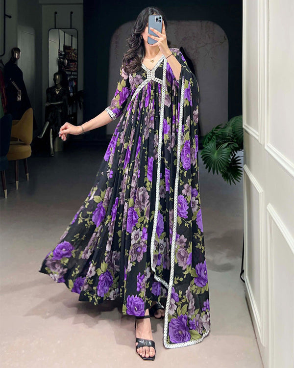 Black And Purple Color Floral Printed Georgette Gown