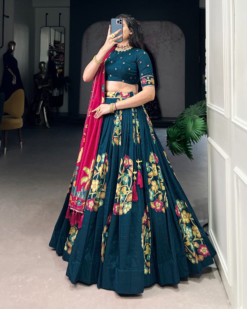 Peacock Blue Color Tussar Silk Printed With Foil Work Lehenga Choli