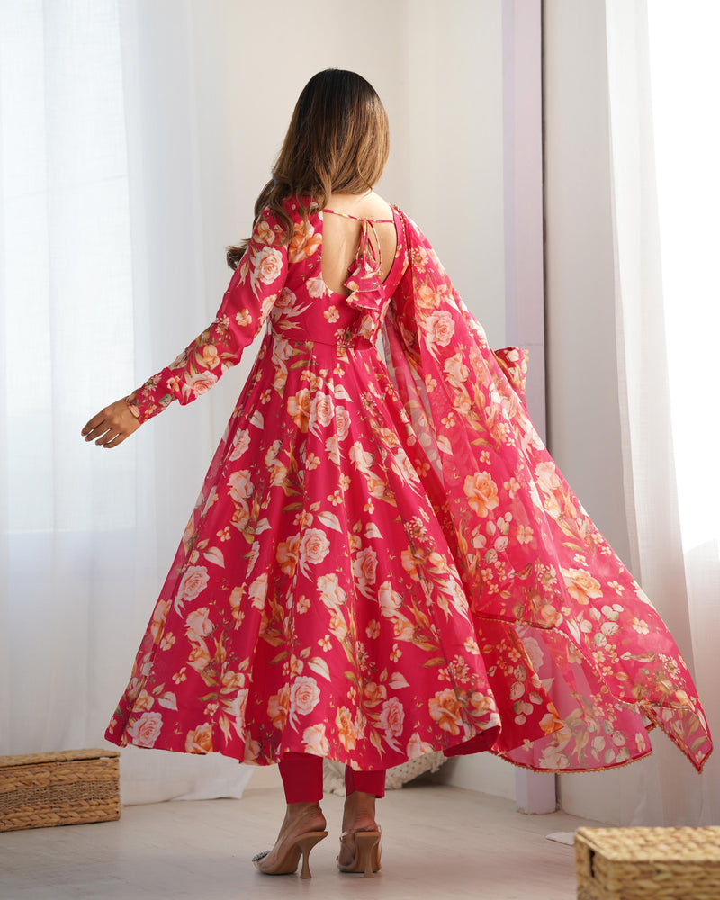Rani Pink Color Pure Soft Organza Three Piece Anarkali Suit