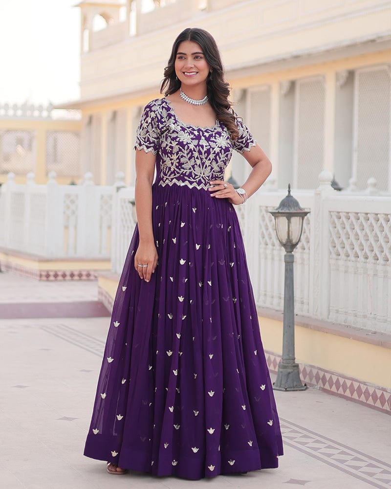 Purple Color Faux Blooming Sequins Embroidered Anarkali Gown