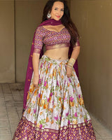 Wine Color Tussar Silk Floral And Patola Printed Navratri Lehenga Choli