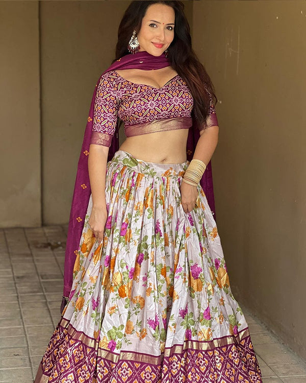 Wine Color Tussar Silk Floral And Patola Printed Navratri Lehenga Choli