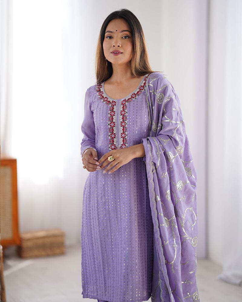 Light Purple Color Chinon Silk Three Piece Kurti Suit