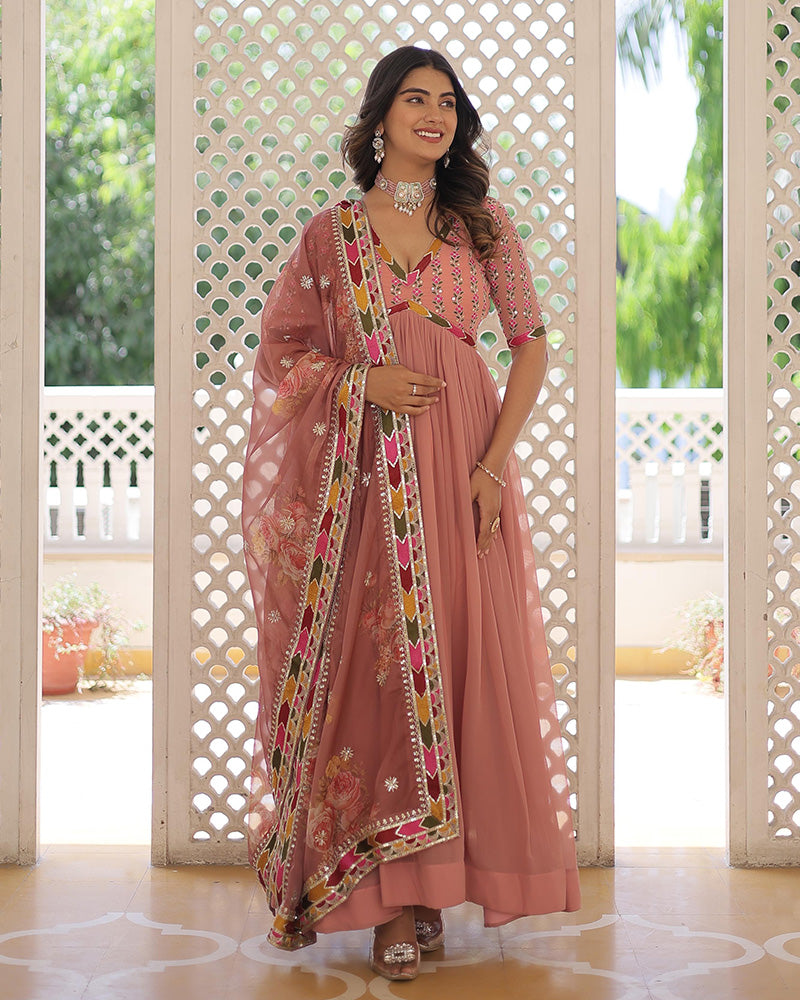 Peach Color Faux Georgette Alia Cut Gown With Dupatta