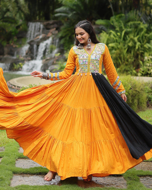 Mustard Color Reyon Gamthi Style Navratri Gown
