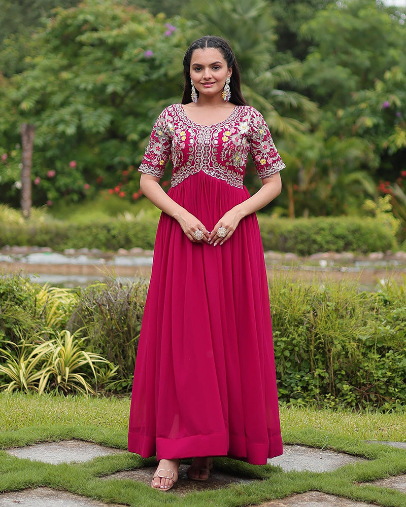 Rani Pink Color Faux Blooming Embroidered Gown