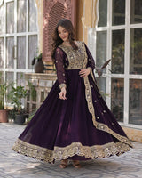 Wine Color Faux Blooming Embroidered Gown