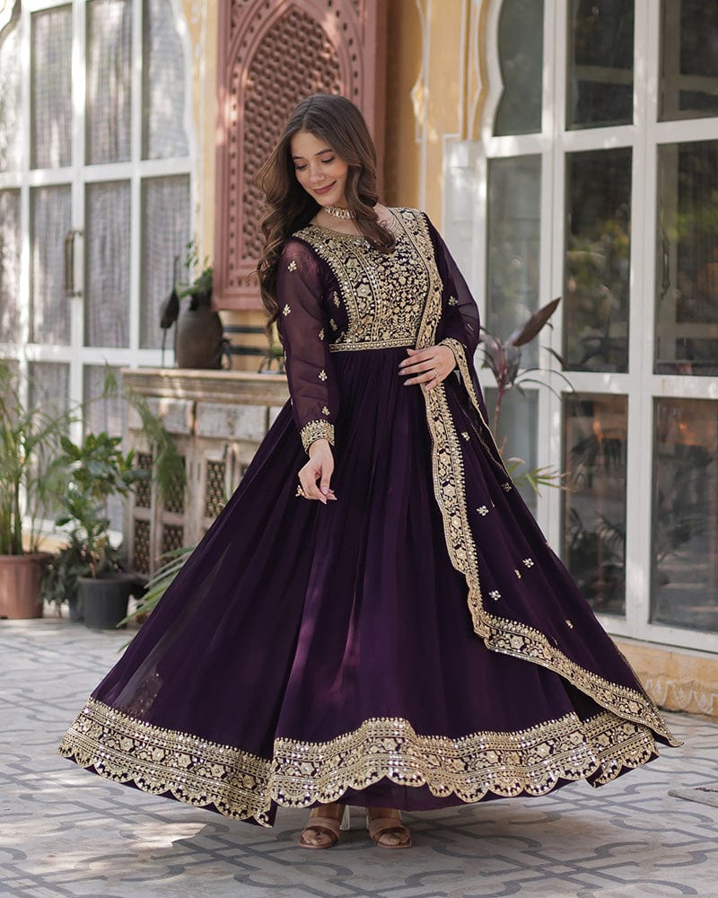 Wine Color Faux Blooming Embroidered Gown