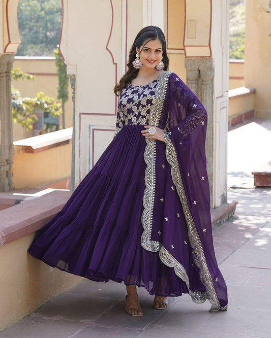 Purple Color Anarkali Gown With Faux Blooming Dupatta
