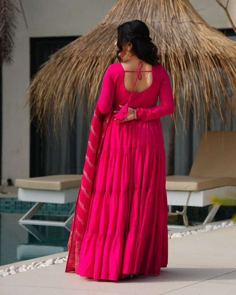Rani Pink Color Pure Chanderi Silk Frill Style Anarkali Suit