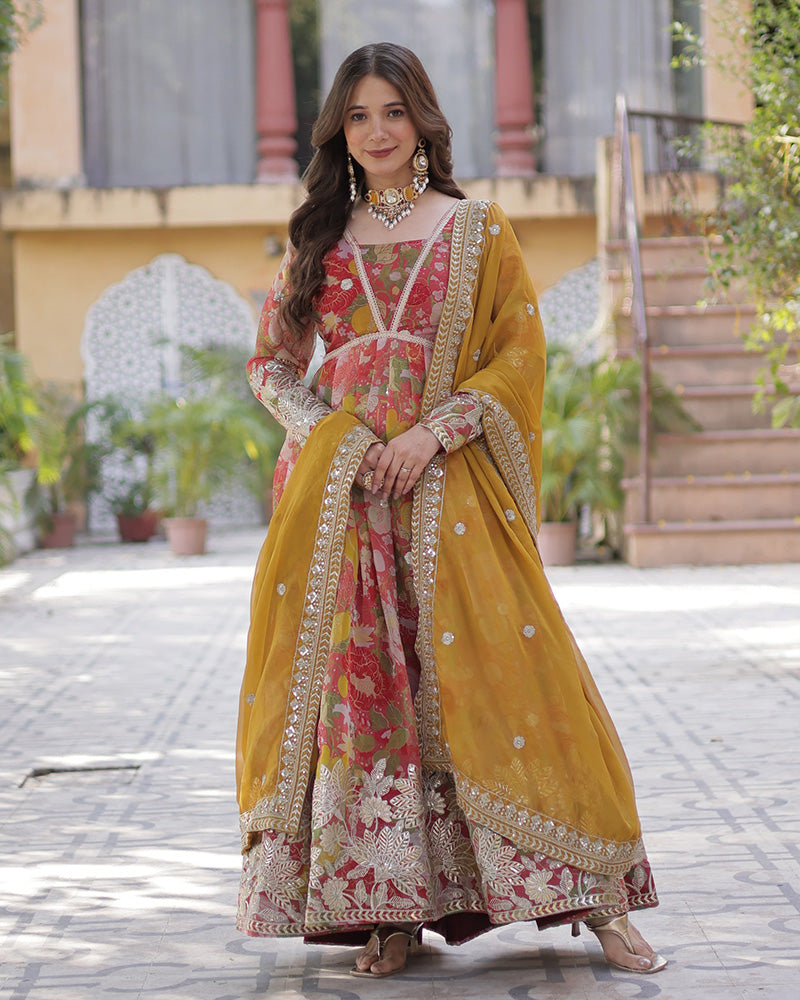 Pinkish Red Color Alia Cut Embroidered Gown With Dupatta