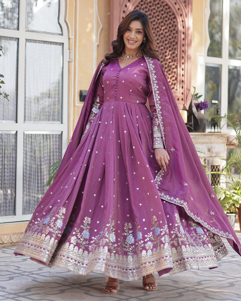 Onion Color Embroidered Viscose Cosmos Gown With Dupatta